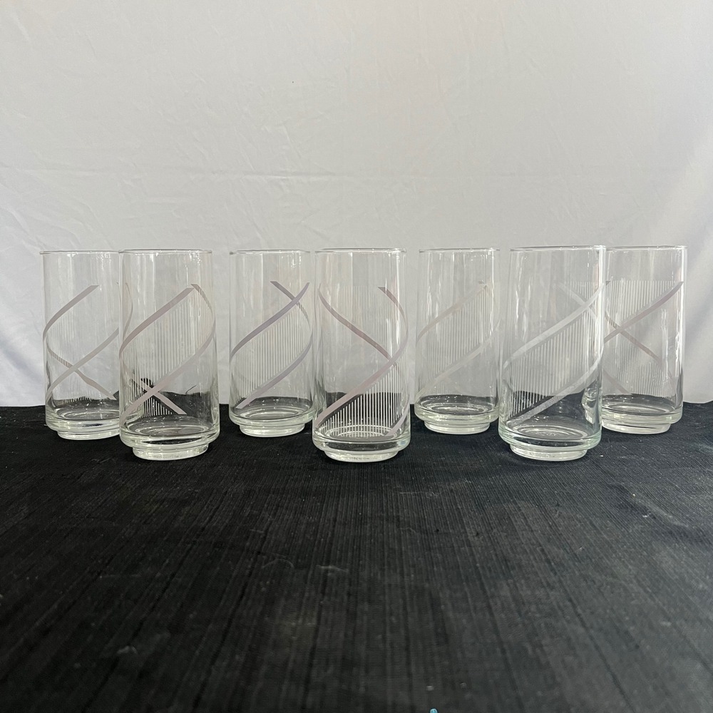 7‎ Vintage Highball Glasses Clear White Geometric Striped Mid Century Style